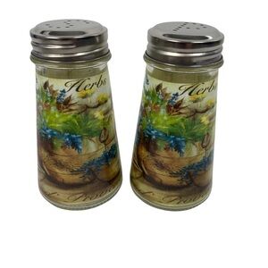 Circleware Glass Herb Design Salt and Pepper Shakers Stainless Steel Lid NEW